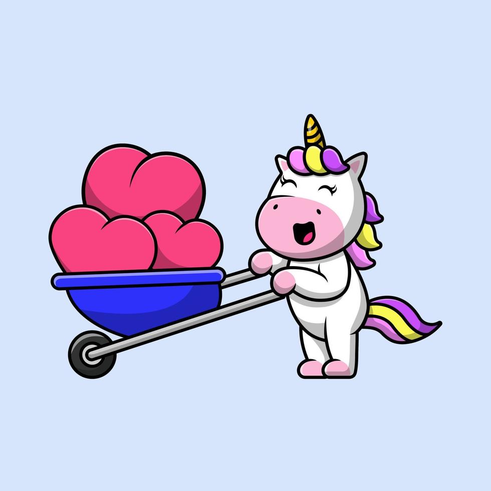 Cute Unicorn Bring Love Heart  With Trolley Cartoon Vector Icon Illustration. Flat Cartoon Concept