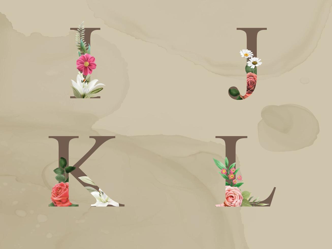 beautiful floral alphabet with red and white flowers and greenery leaves watercolor vector