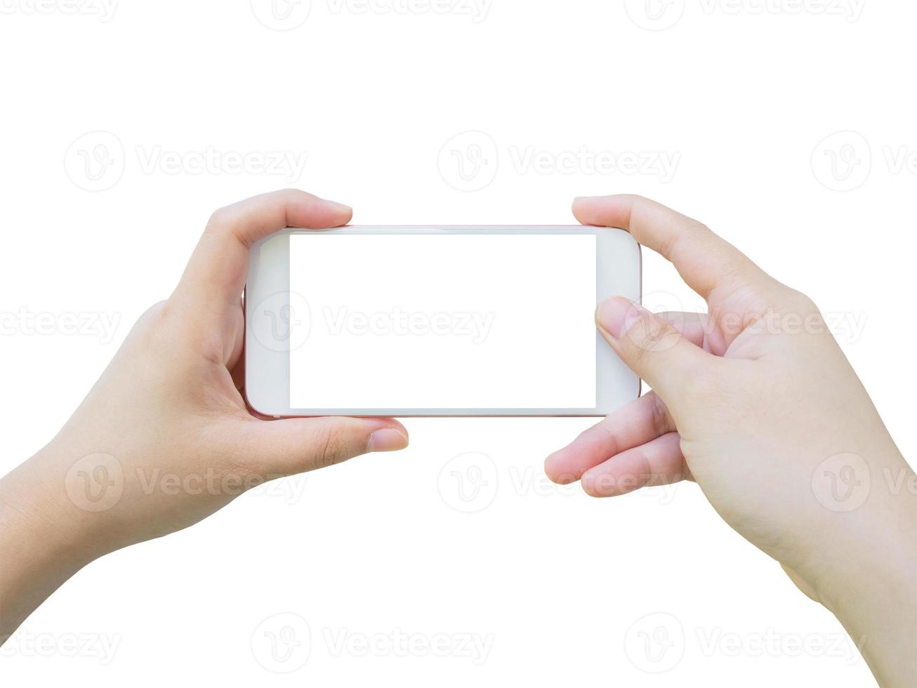 Hand holding smart phone taking photo isolated on white background