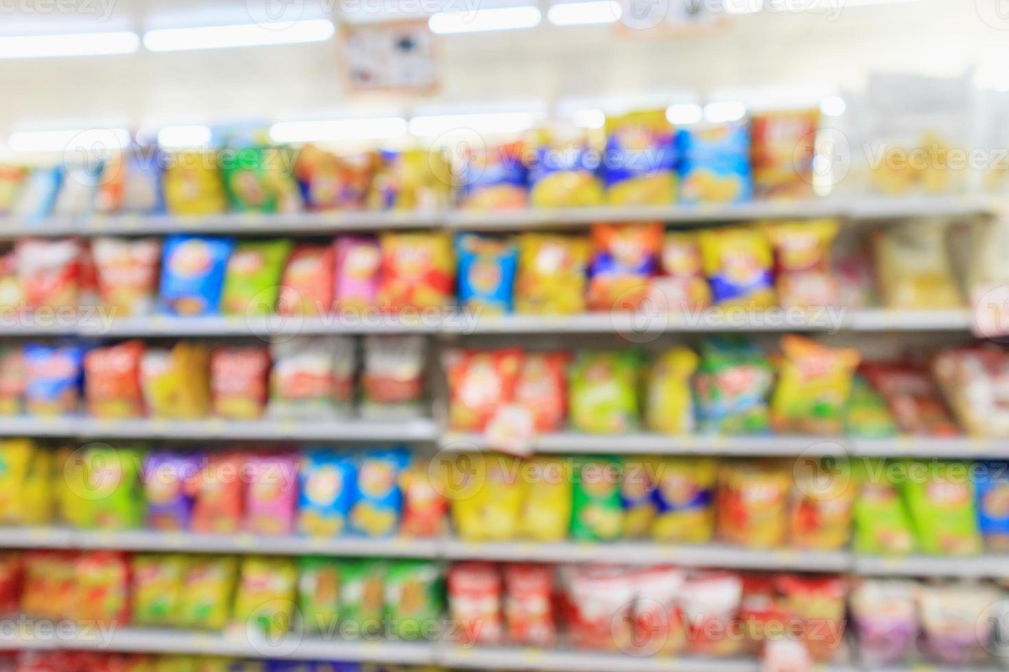 Supermarket convenience store shelves with Potato chips snack blur abstract background photo