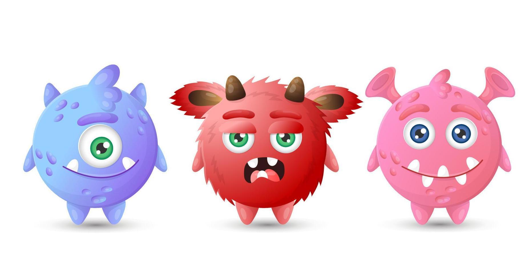 Collection of multicolored round funny monsters. Blue, red, pink cartoon aliens. vector