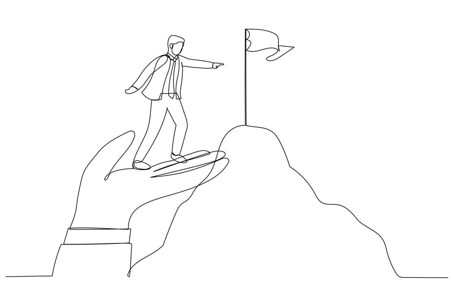 ilustración de un hombre de negocios parado en una mano de ayuda gigante para alcanzar la bandera objetivo del pico de la montaña. Metáfora del entrenamiento. un estilo de arte de línea continua vector