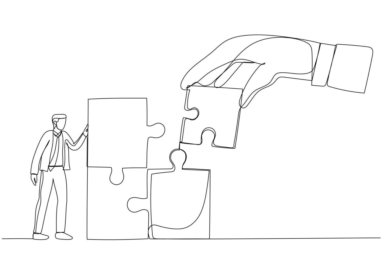 Drawing of giant hand connect last jigsaw puzzle to office businessman worker. Metaphor for team building, leadership, teamwork, business partner. Single line art style vector