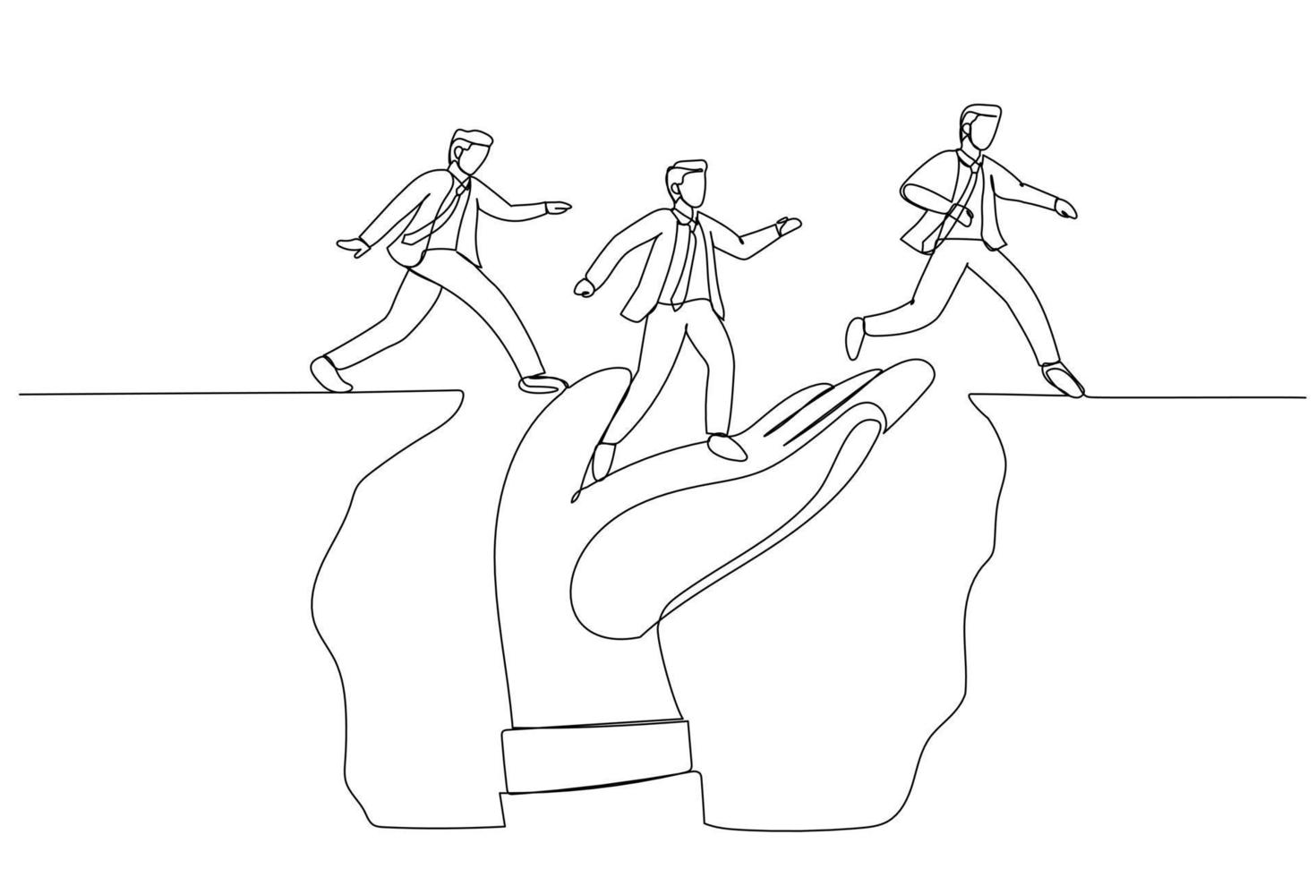 Illustration of giant hand help business people cross the problem gap. metpahor for supportive manager mentor or coach, leadership guide correct path. One line style art vector