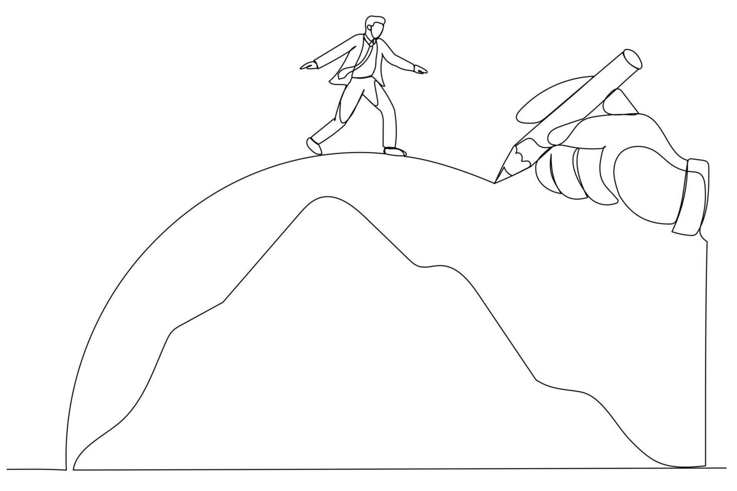 Drawing of giant hand draws a path to help the businessman cross the mountains, metaphor for conquering adversity. One line style art vector