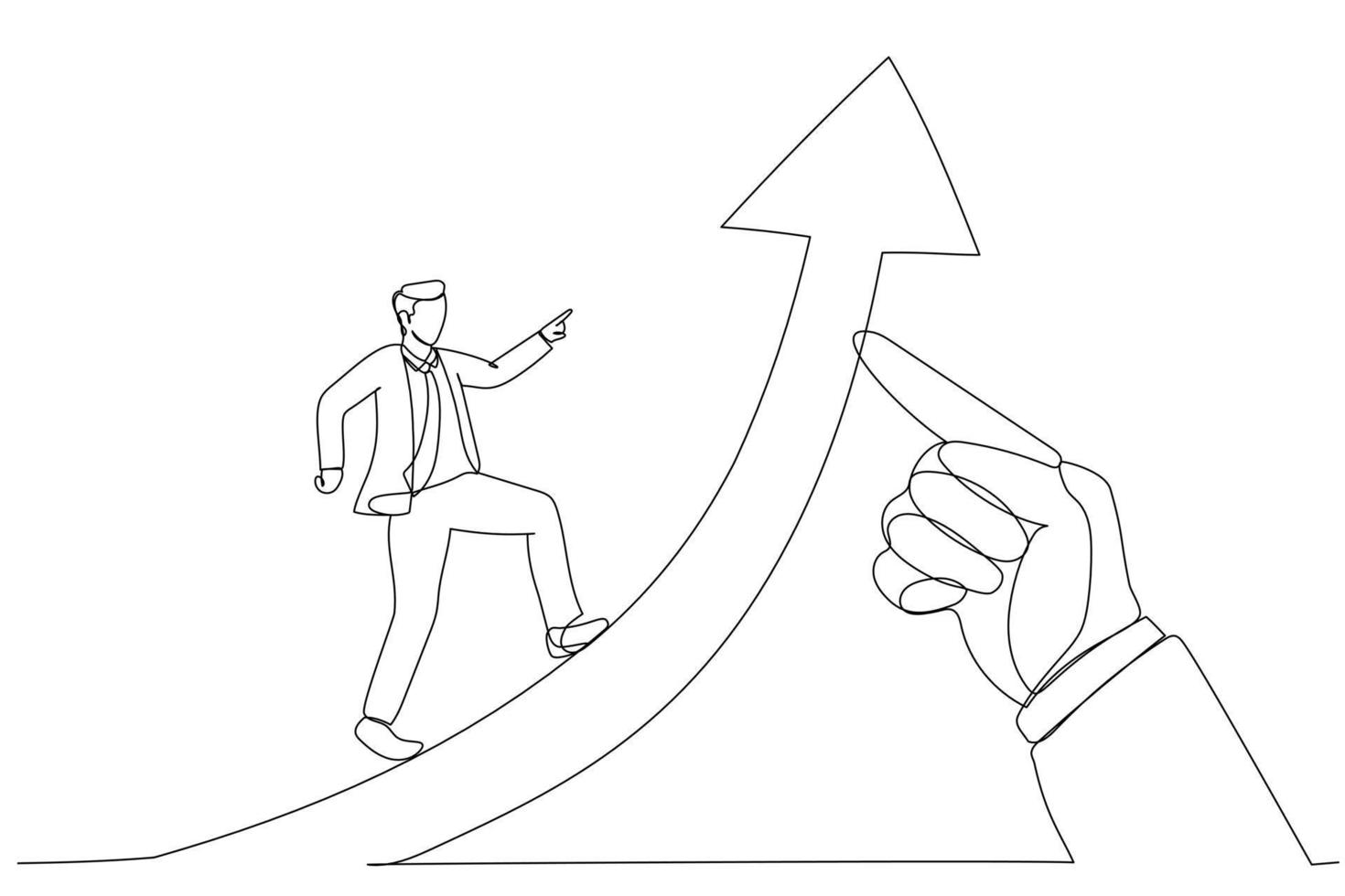 Cartoon of businessman running on arrow of success raised by giant hand of leader. Metaphor for business success moving forward leadership. Single continuous line art style vector