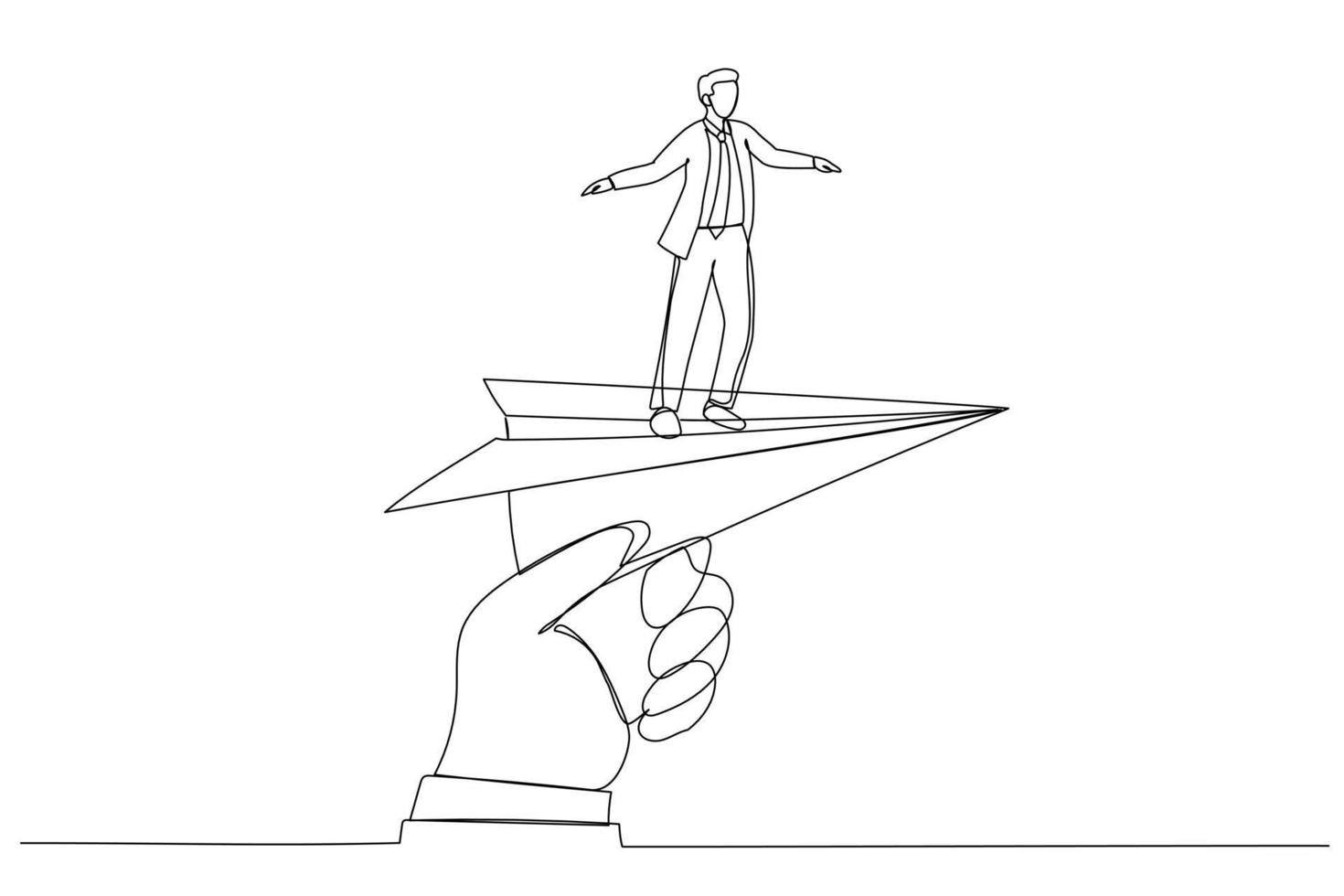 Cartoon of huge hand holding paper plane and take off with businessman. Continuous line art style vector
