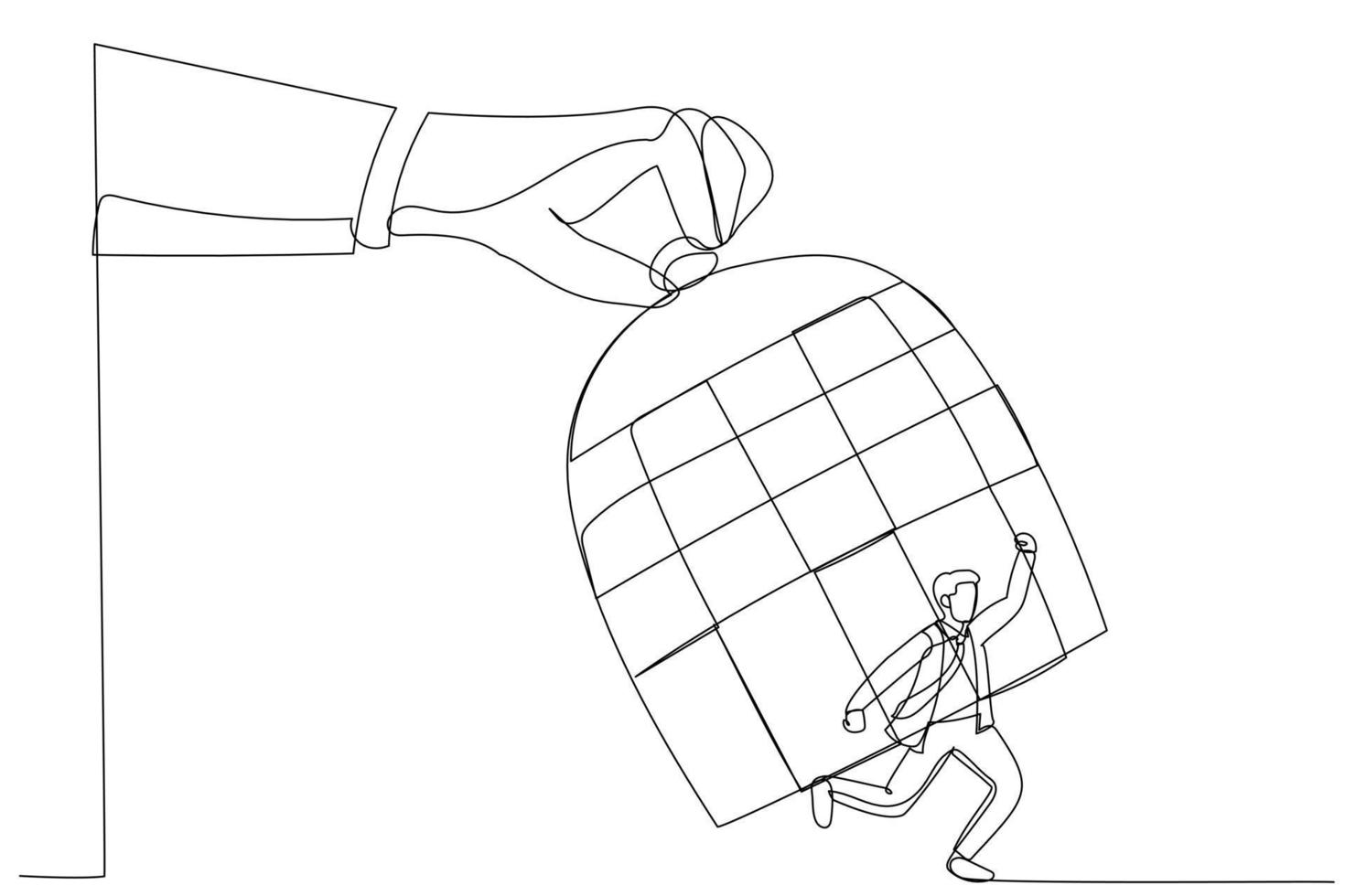 Drawing of giant hand capturing a running businessman with birdcage. Single line art style vector
