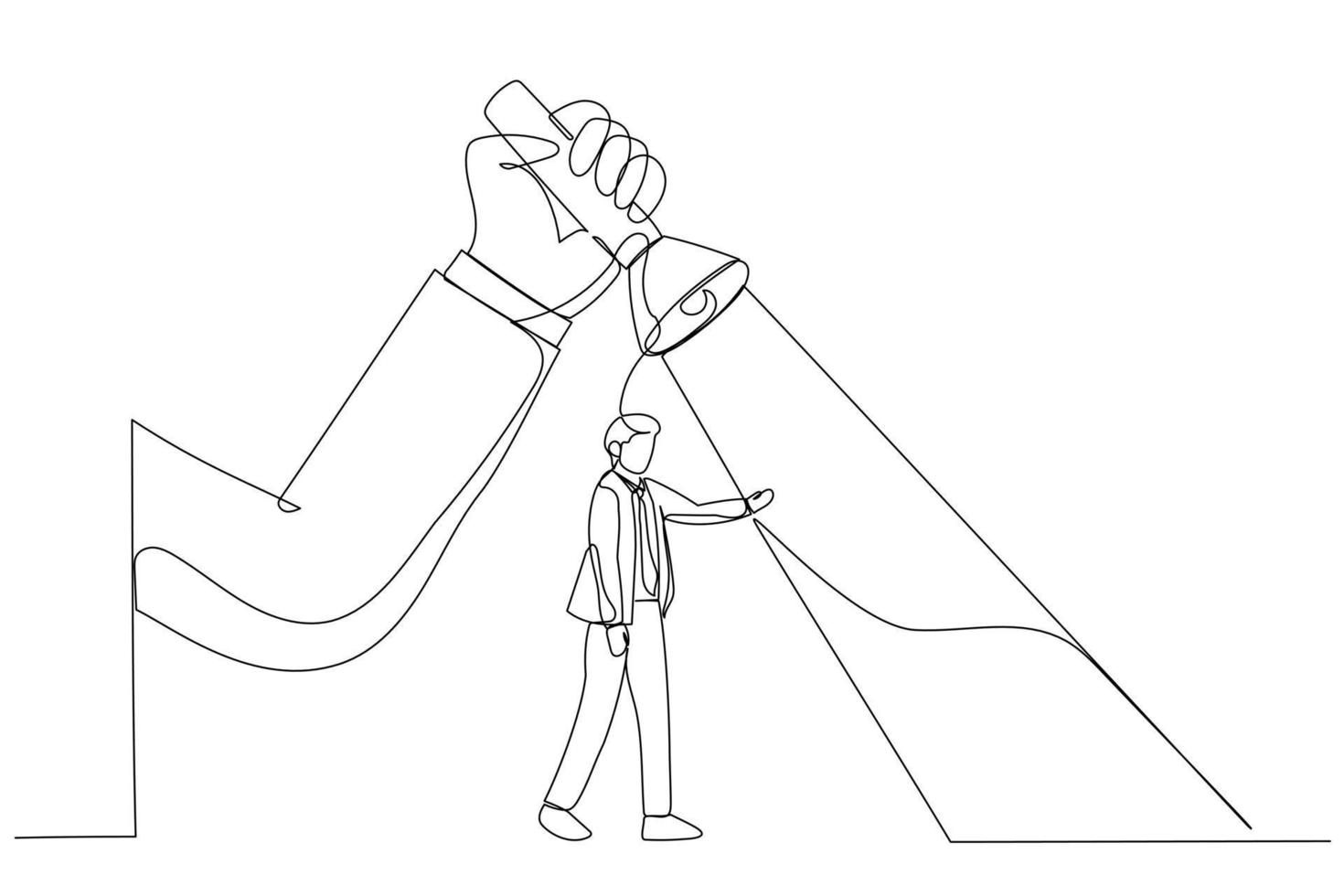 Cartoon of big hand holding a flashlight uncovering hidden arrow sign for businessman. Continuous line art vector