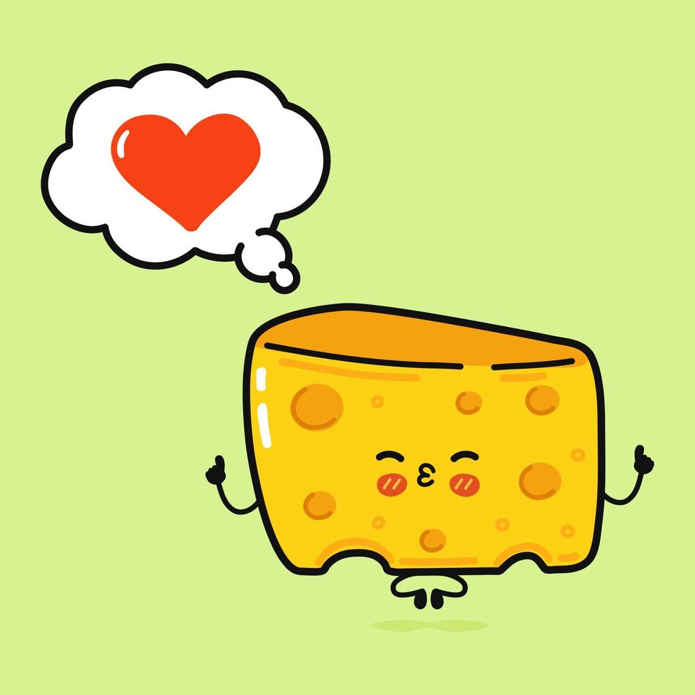 Cute funny cheese doing yoga with speech bubble. Vector hand drawn cartoon kawaii character illustration icon. Isolated on green background. Cheese in love character concept