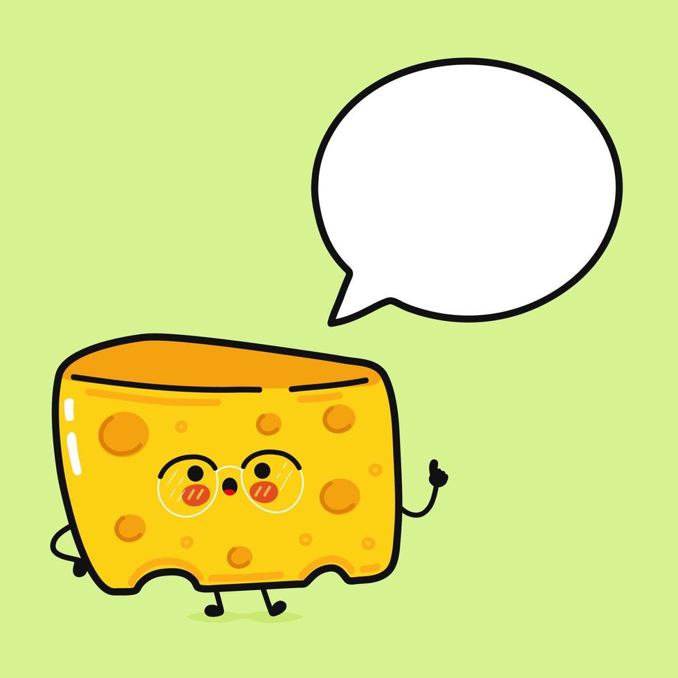 Cute funny cheese with speech bubble. Vector hand drawn cartoon kawaii character illustration icon. Isolated on green background. Cheese character concept