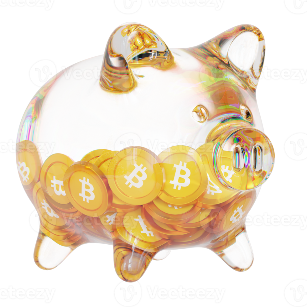 hucha de vidrio bitcoin btc con montones decrecientes de monedas criptográficas. ahorro de inflación, crisis financiera y pérdida de dinero concepto ilustración 3d png