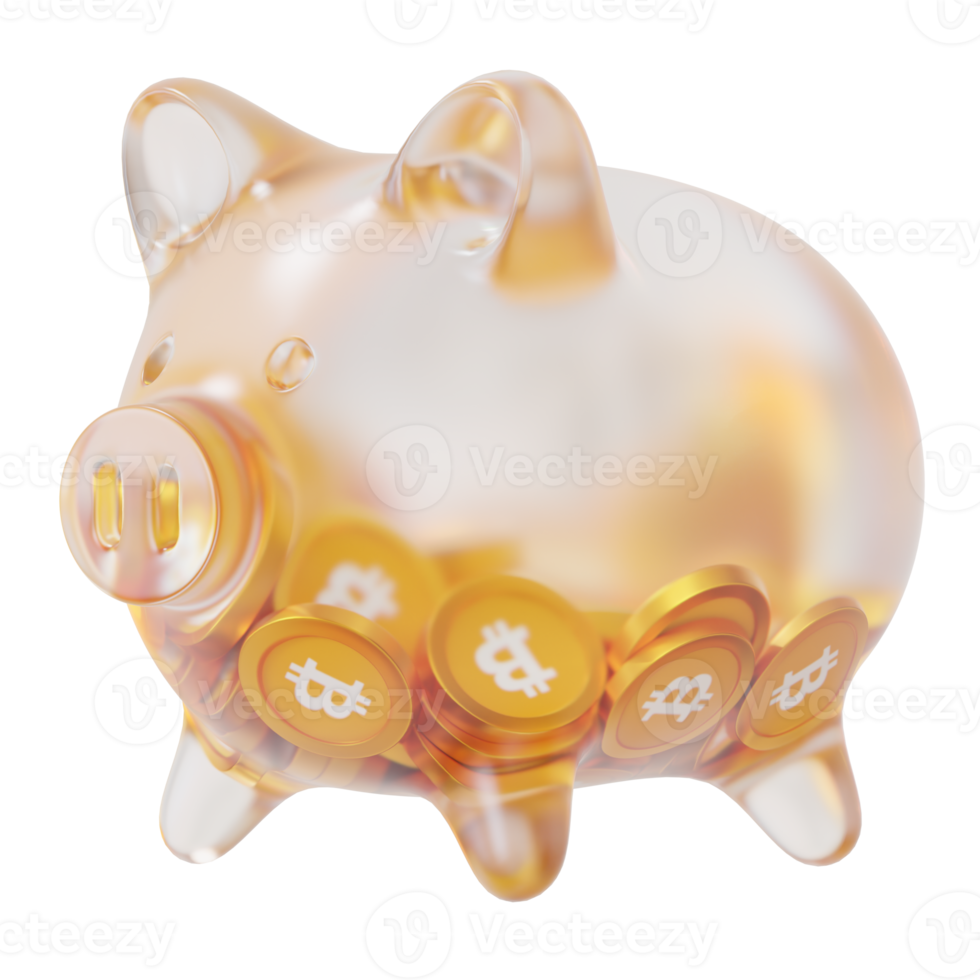 Bitcoin BTC Glass piggy bank with decreasing piles of crypto coins.Saving inflation, financial crisis and loosing money concept 3d illustration png