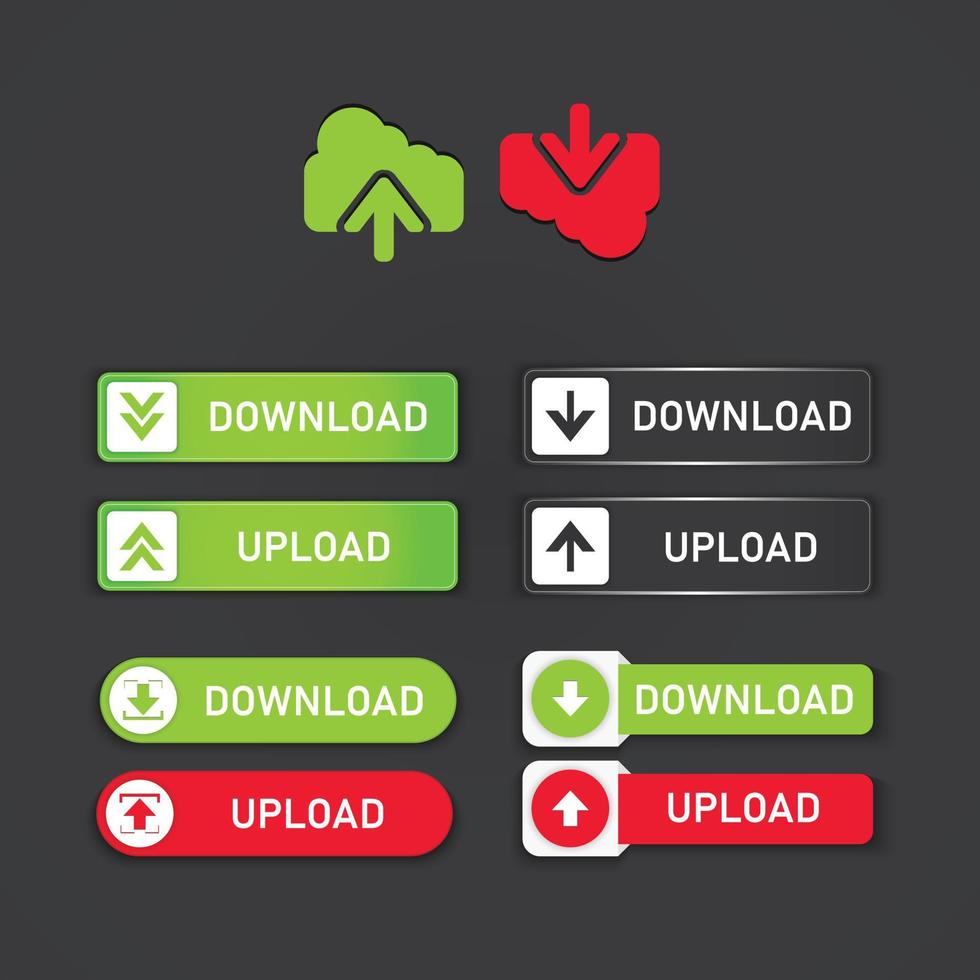 download and upload button set in different style and colour. Set of modern buttons for web site and ui. Web design button collection vector. vector