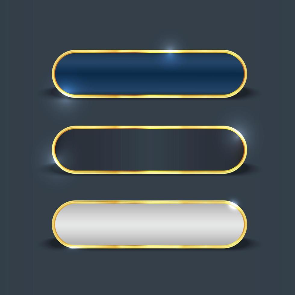 conjunto de botones enmarcados en oro. botón web dorado de diferentes estilos degradados con marcos y conjunto de efectos de luz brillante vector