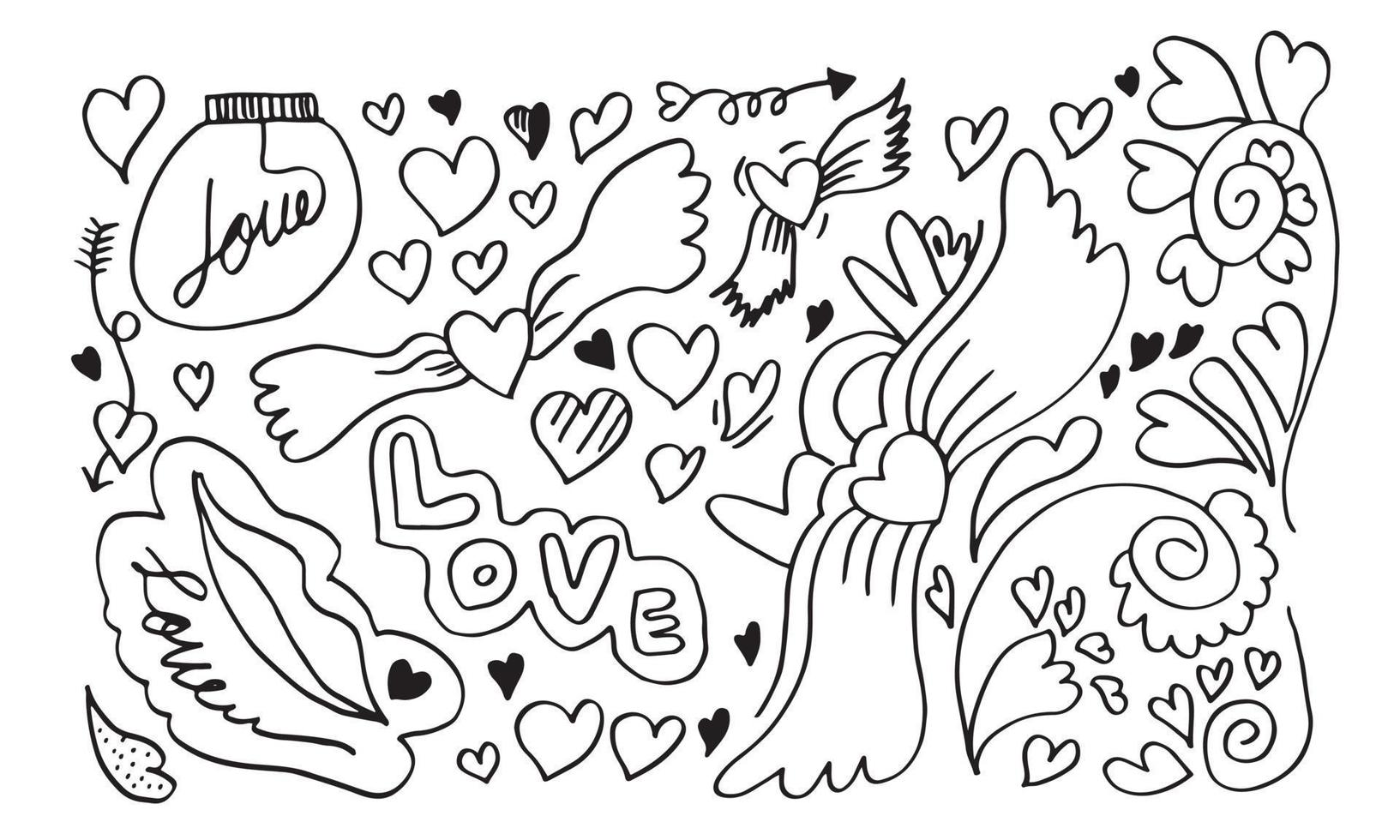 hand drawn doodles set for Valentine's Day. collection of beautiful hearts and writings Love. Vector illustration.