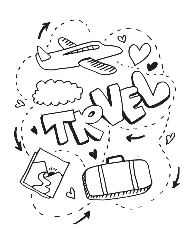 Travel and vacation hand drawn icons. Summer tourism doodles. Outline vector illustration.