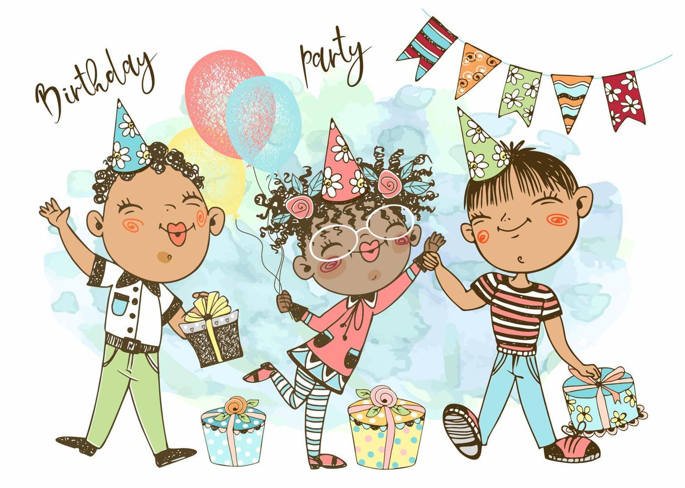 A birthday card. Birthday party. Cheerful children in festive caps with balloons, flags and gifts celebrate their birthday. Vector. vector