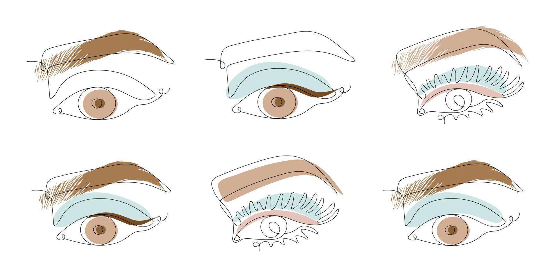Set of beautiful Womans Eyes in Line art style. One Line drawing, continuous Line, linear
