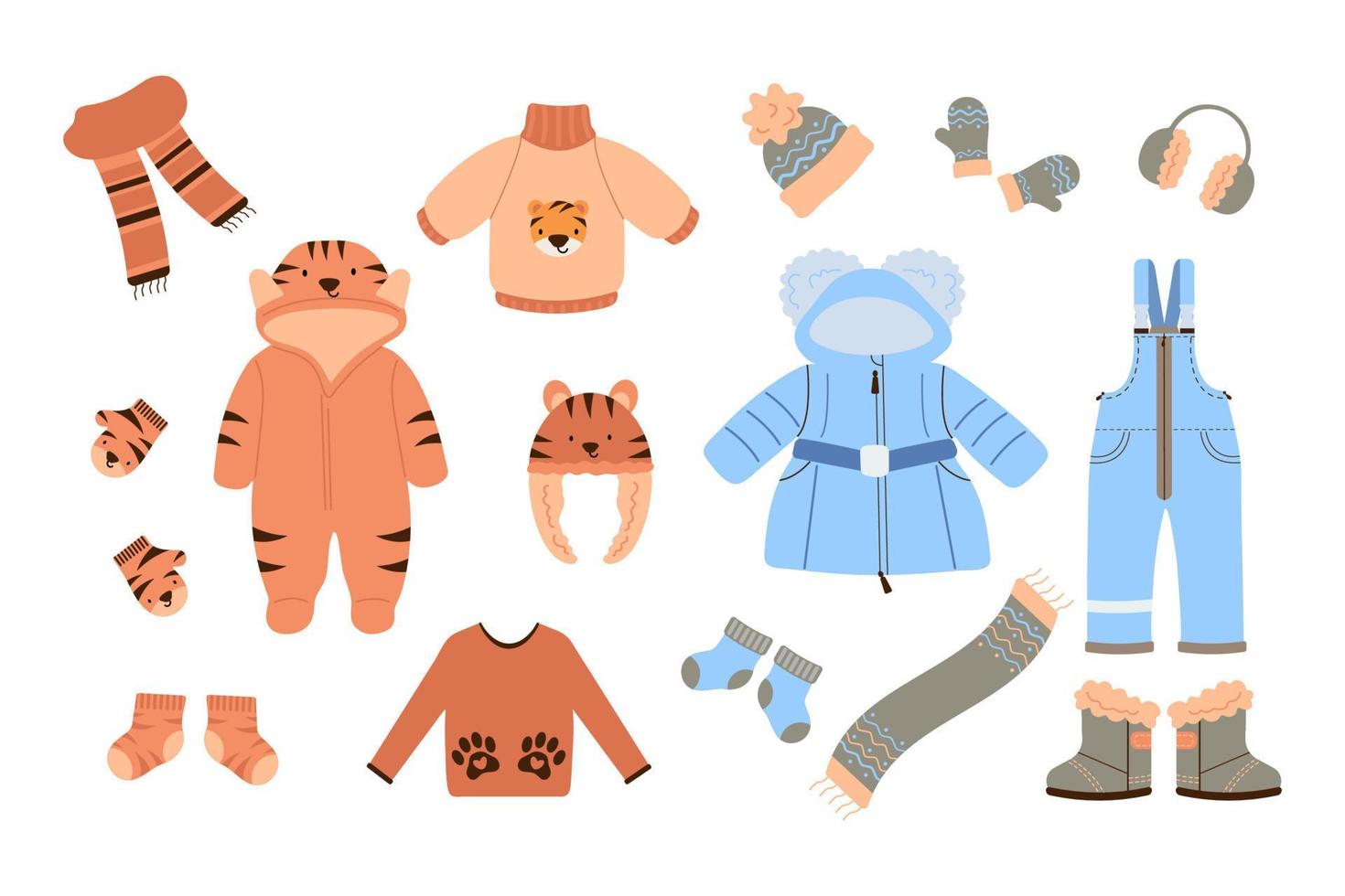 conjunto de ropa de abrigo para niños de otoño e invierno, accesorios. ropa infantil y complementos para el frío. ilustración vectorial vector