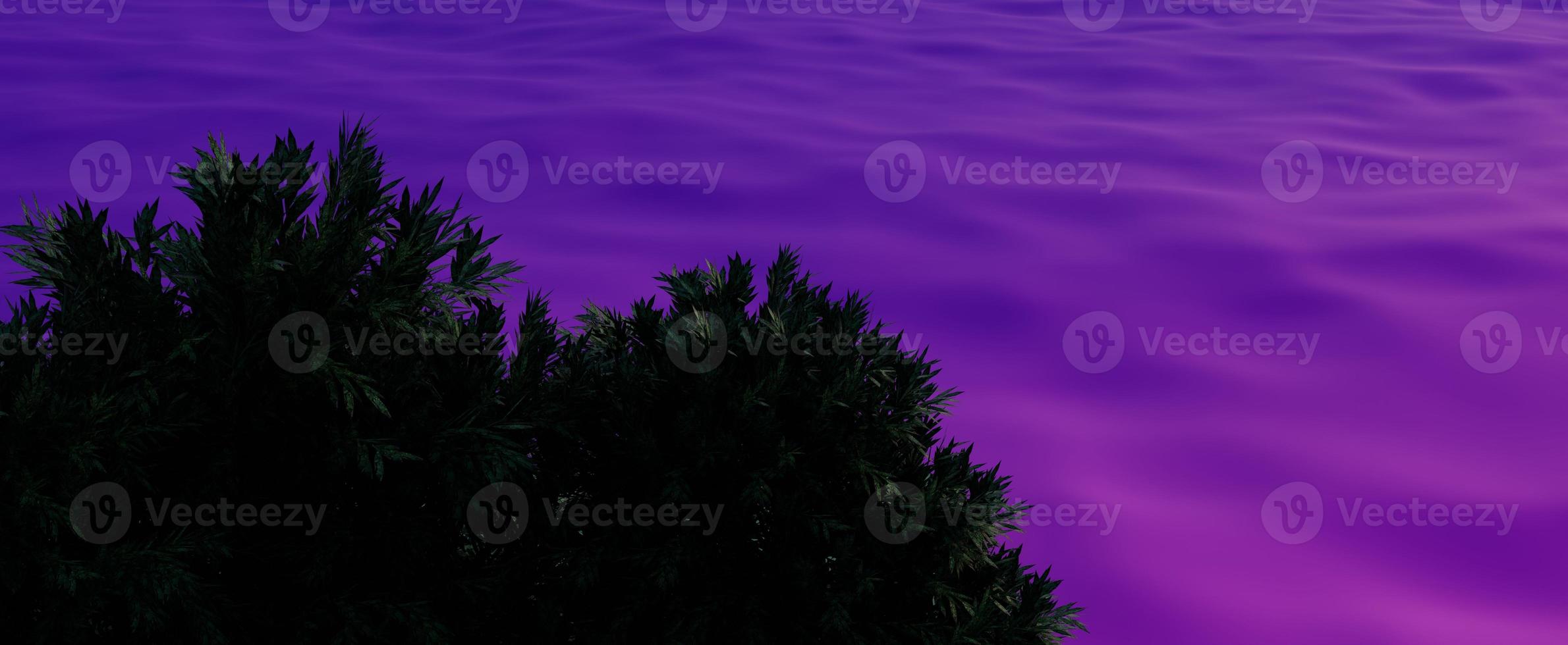 Evening purple sea with green trees background. Tropical landscape with glowing waves at 3d render sunset and lush vegetation. Colorful reflections of sunrise on natural oceanic beach photo