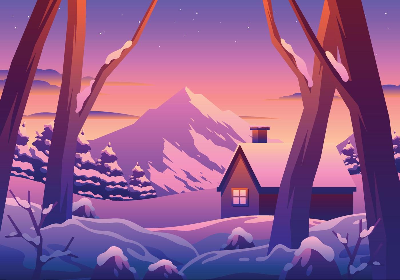 ilustración de paisaje de invierno con casa y montañas vector