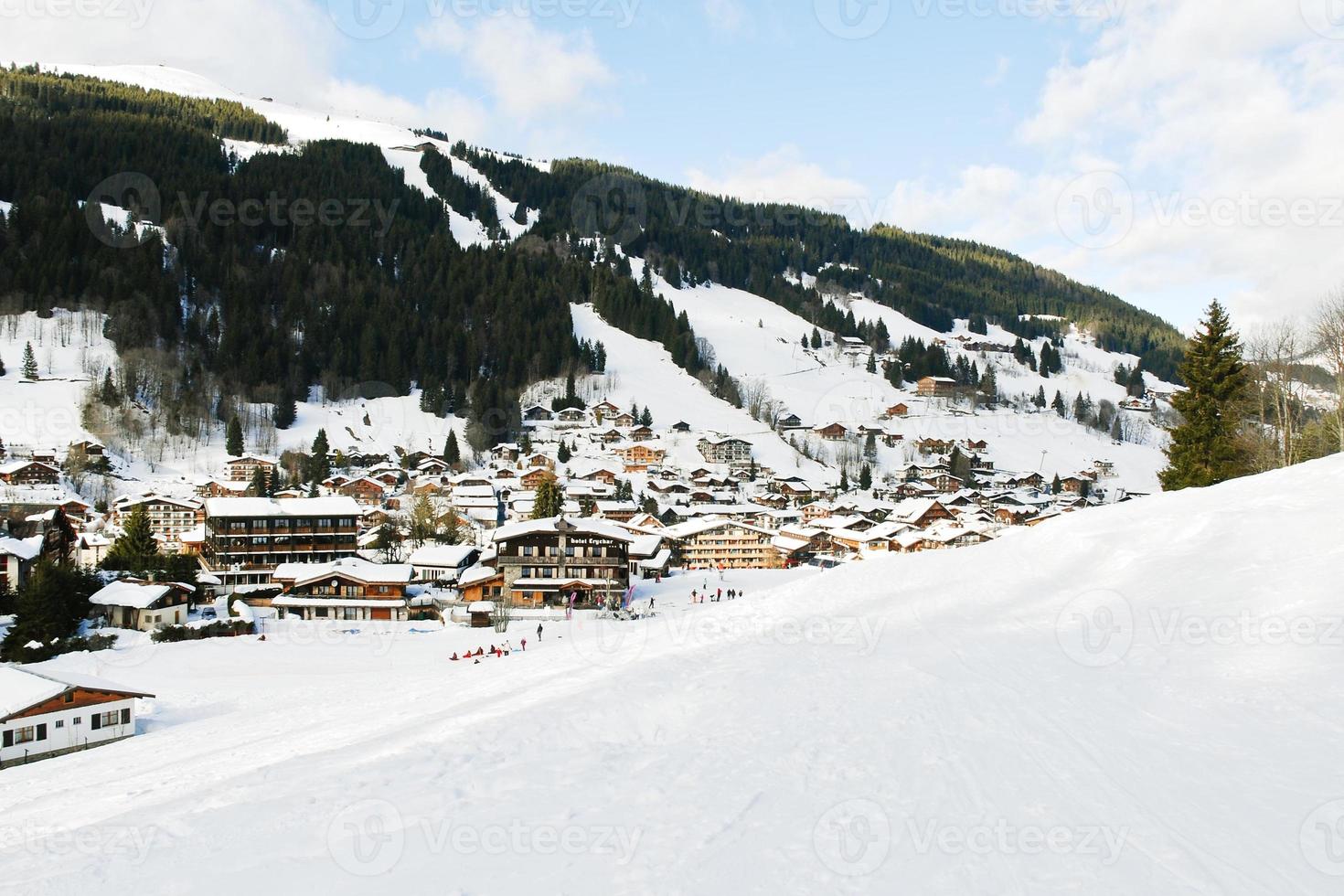 view of in mountain skiing resort town Les Gets photo