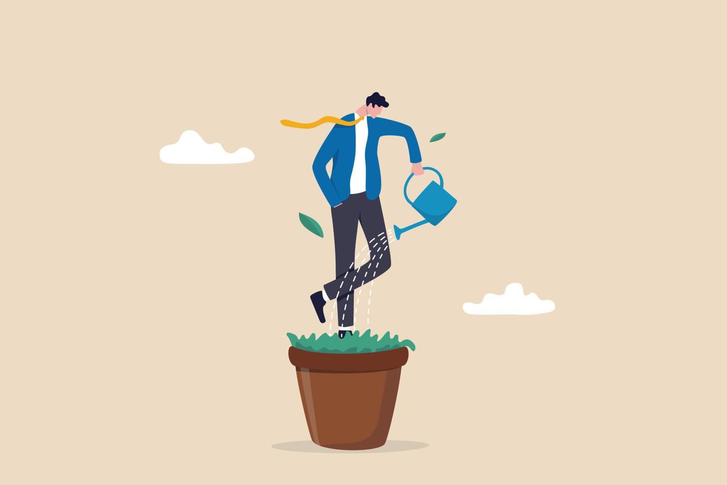 Personal development, self improvement or career growth, coaching or training to success, motivation to growing, develop skill or attitude concept, confidence businessman watering self on plant pot. vector