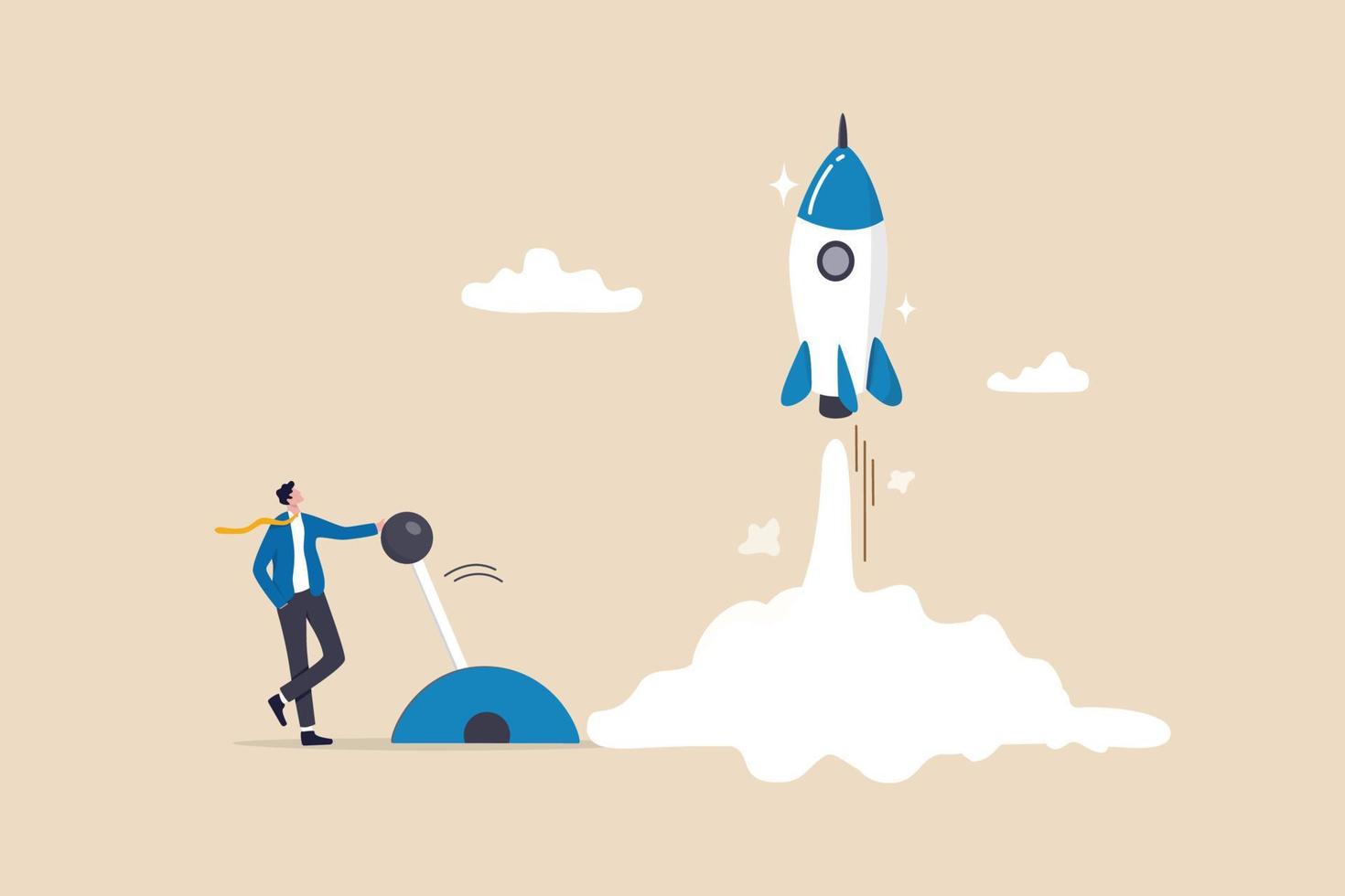 Start your own business, launch success rocket or entrepreneur, startup project or boost company growth, invention concept, ambitious businessman entrepreneur push switch to launch rocket into sky. vector