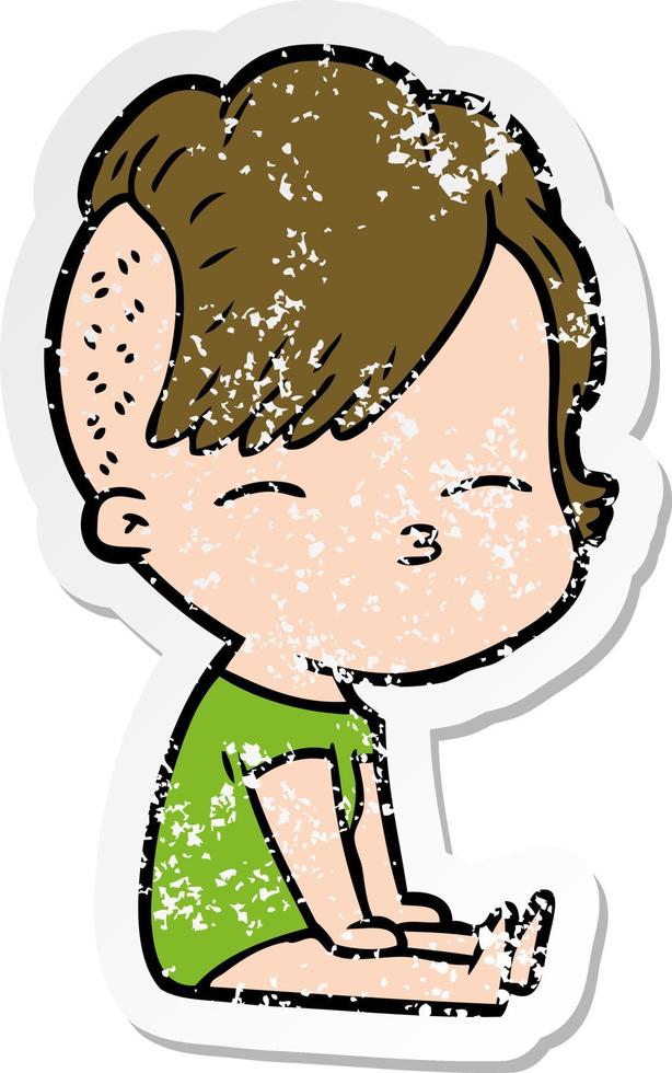 distressed sticker of a cartoon squinting girl vector