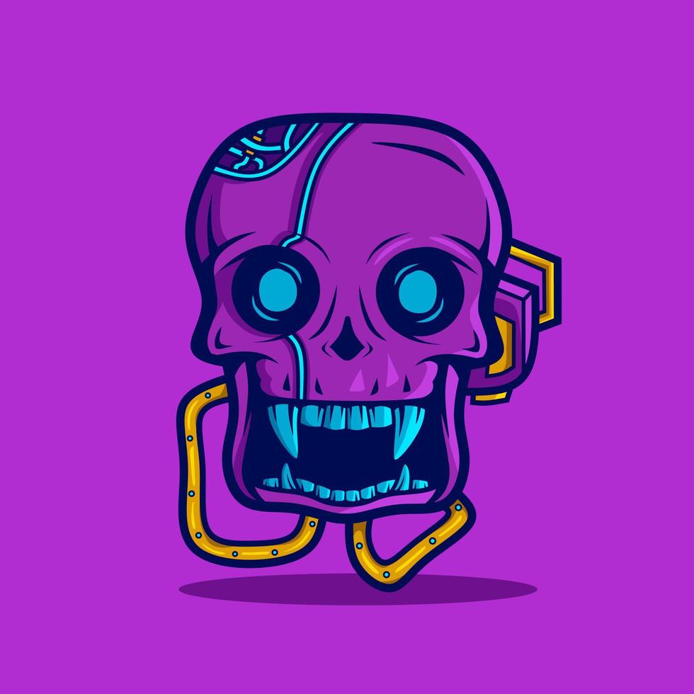Halloween robot skull in neon cyberpunk style vector design.