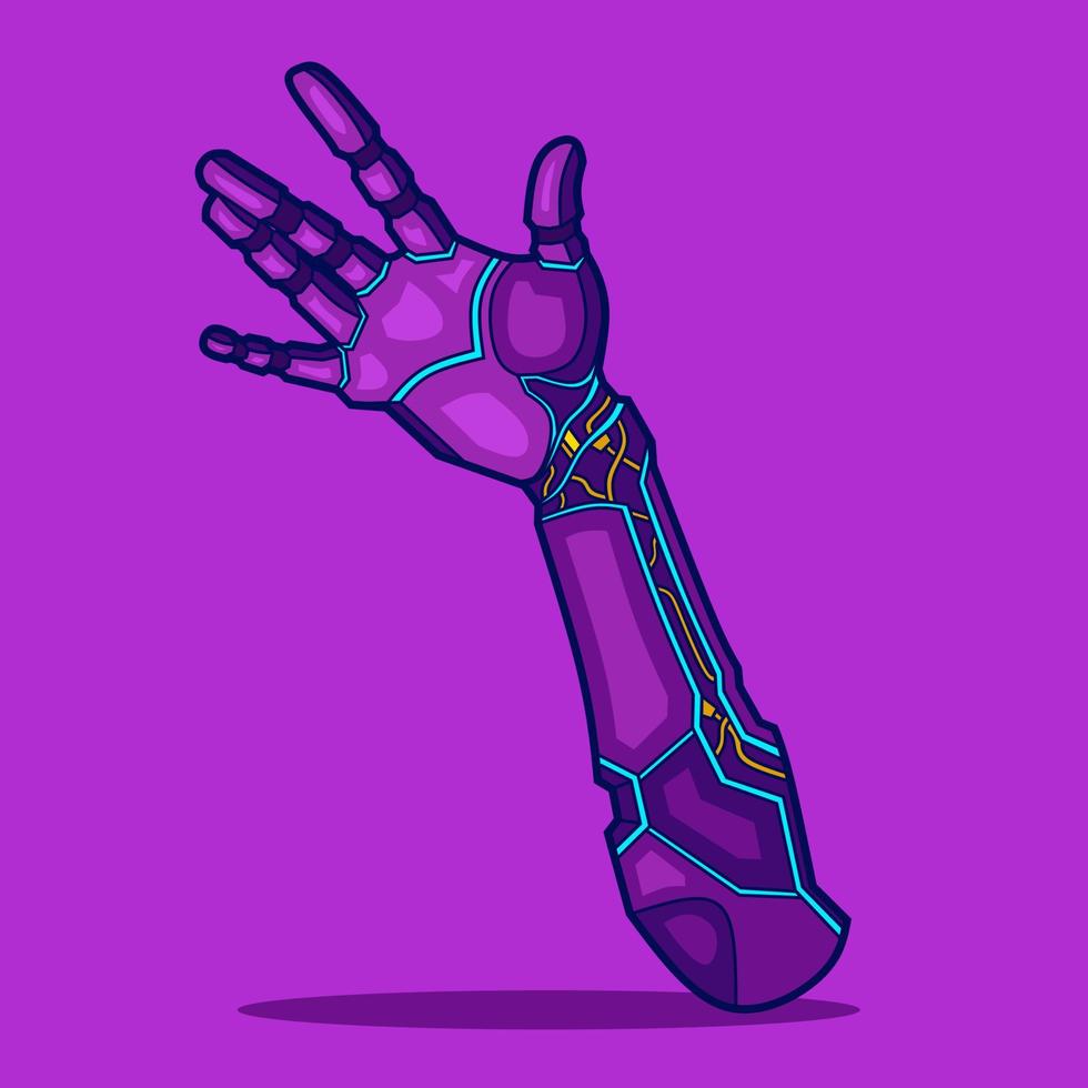 Robot cyborg hand in neon cyberpunk style vector design.