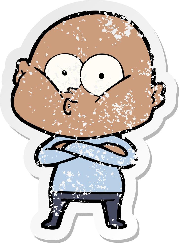 distressed sticker of a cartoon bald man staring vector