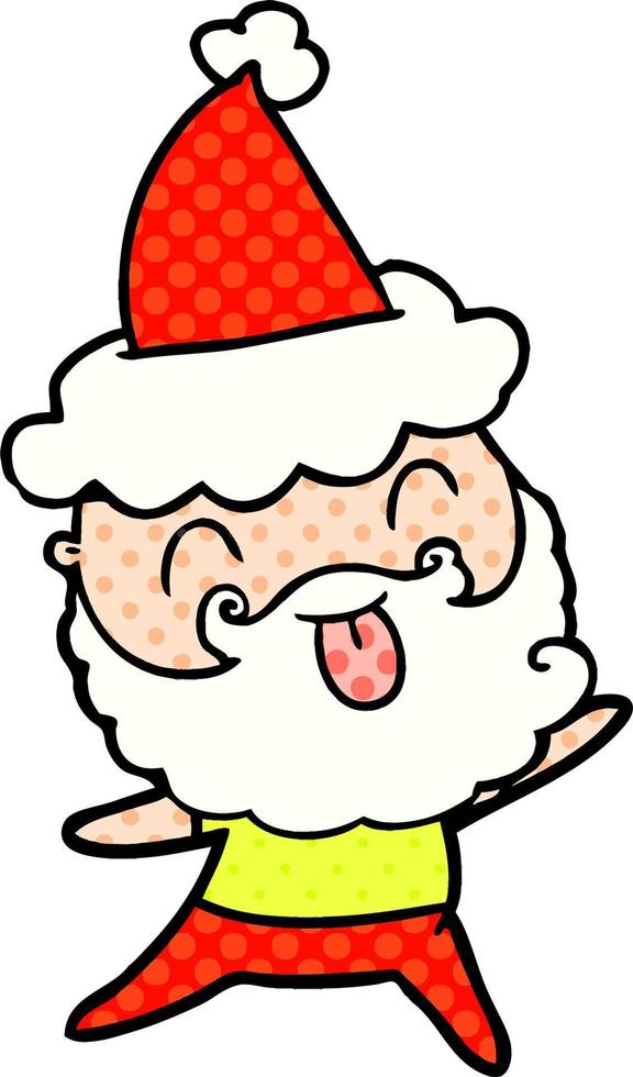 man with beard sticking out tongue wearing santa hat vector