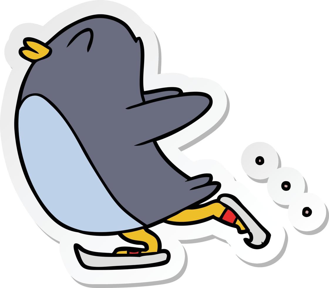sticker of a cartoon penguin ice skating vector