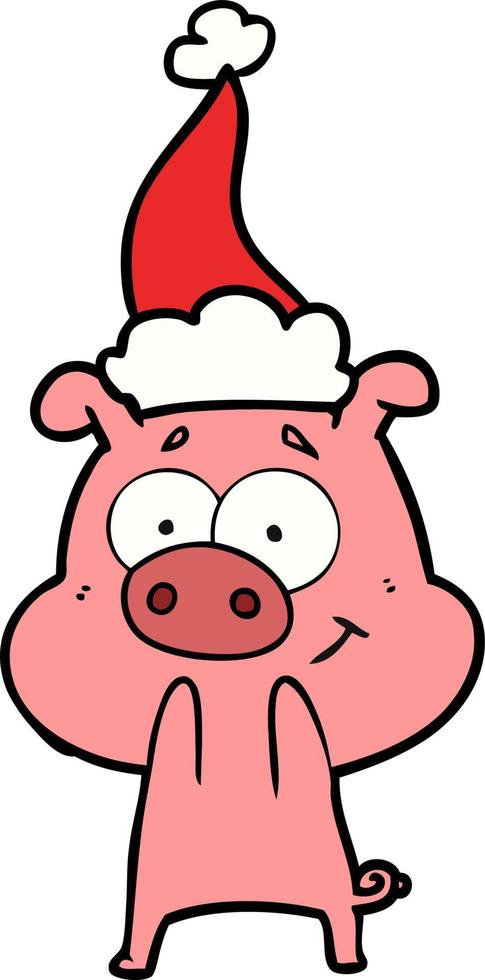 happy line drawing of a pig wearing santa hat vector