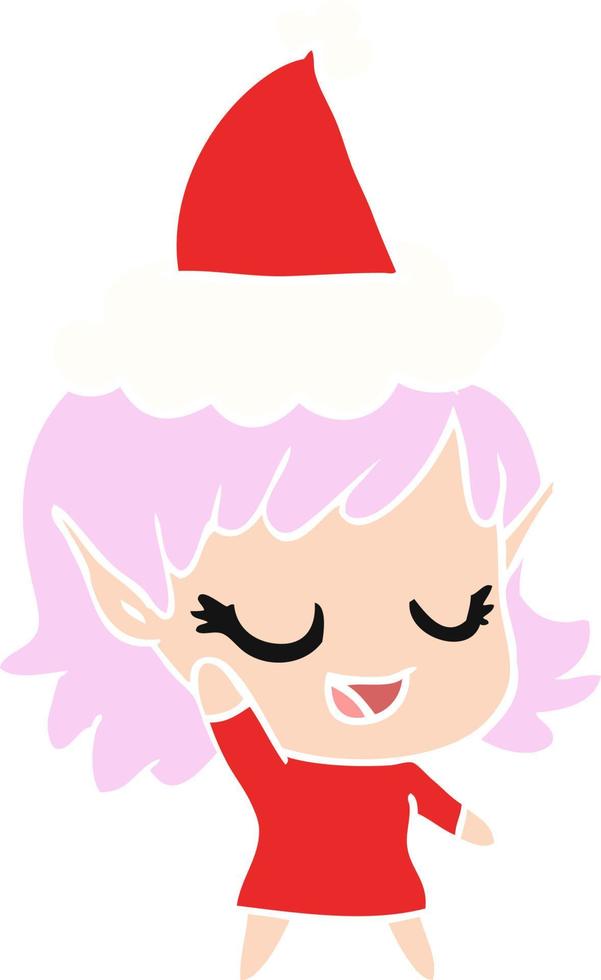 ilustración de color plano feliz de una niña elfa con sombrero de santa vector