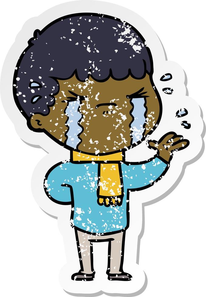 distressed sticker of a cartoon man crying vector