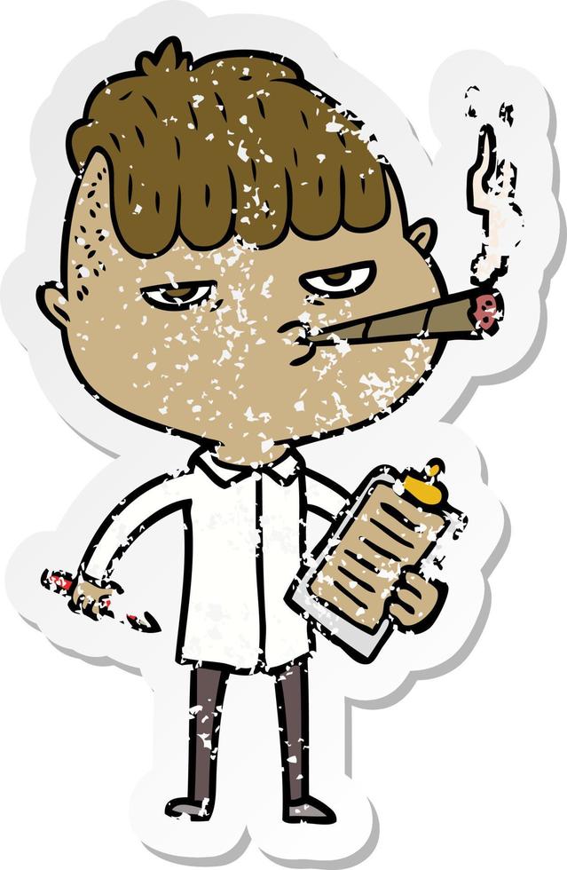 distressed sticker of a cartoon salesman smoking vector