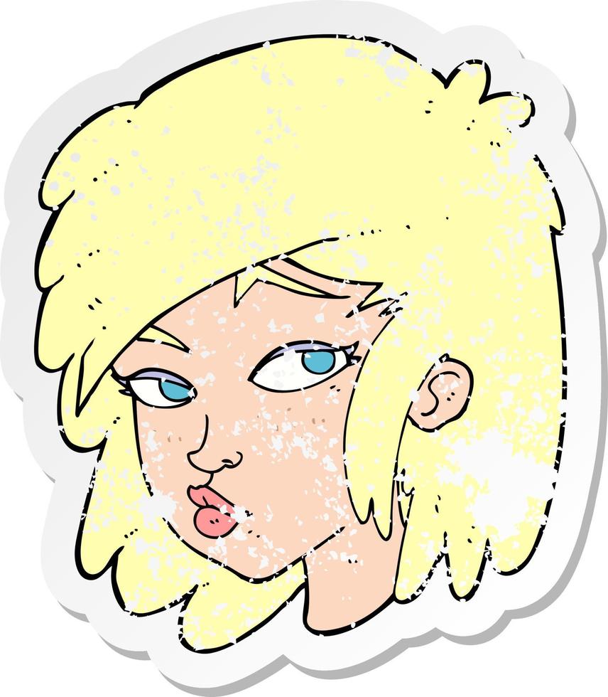 retro distressed sticker of a cartoon curious woman vector