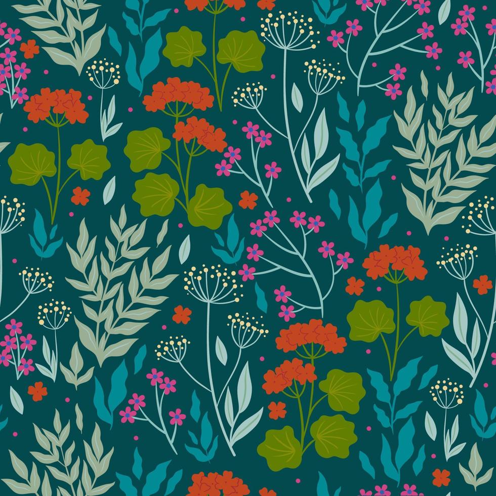 Seamless pattern with flowers and leaves. Vector graphics.