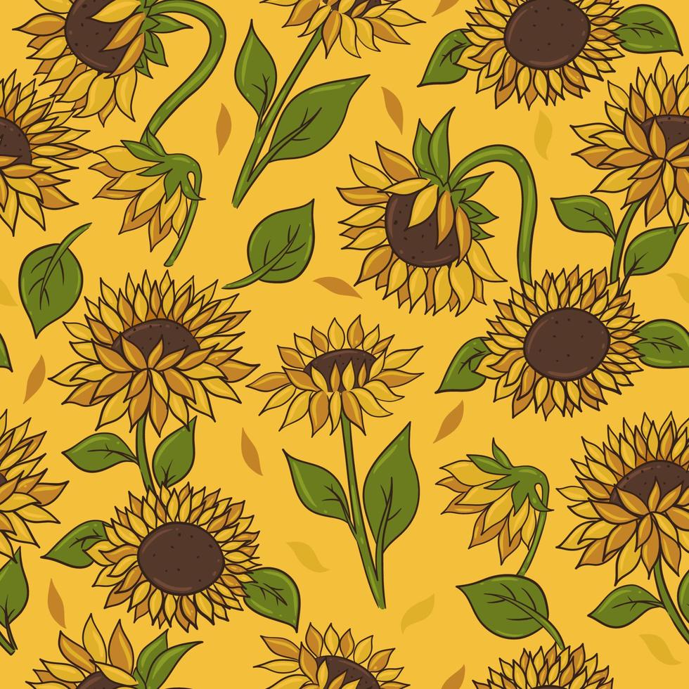 Seamless pattern with sunflowers on a yellow background. Vector graphics.