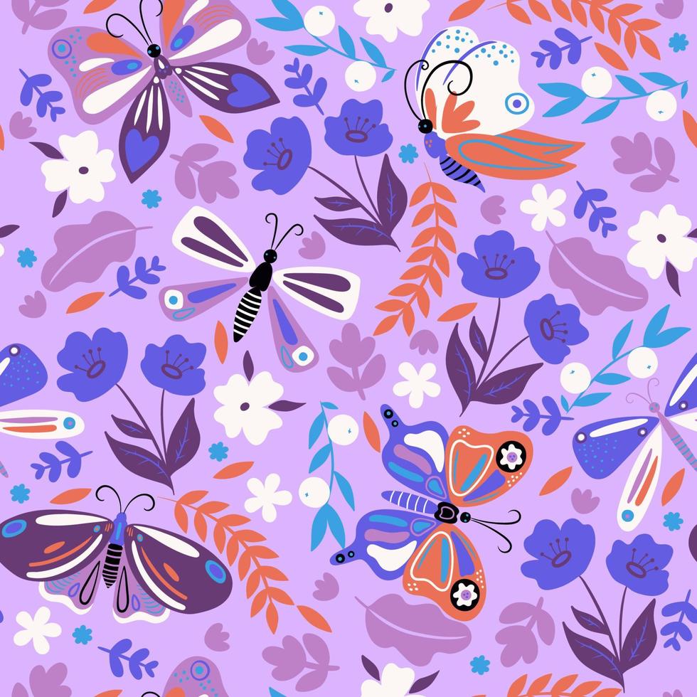 Seamless pattern with butterflies and flowers. Vector graphics.