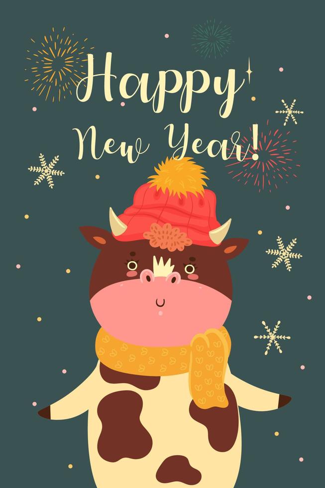 Postcard with cute New Year's cow. Vector graphics.