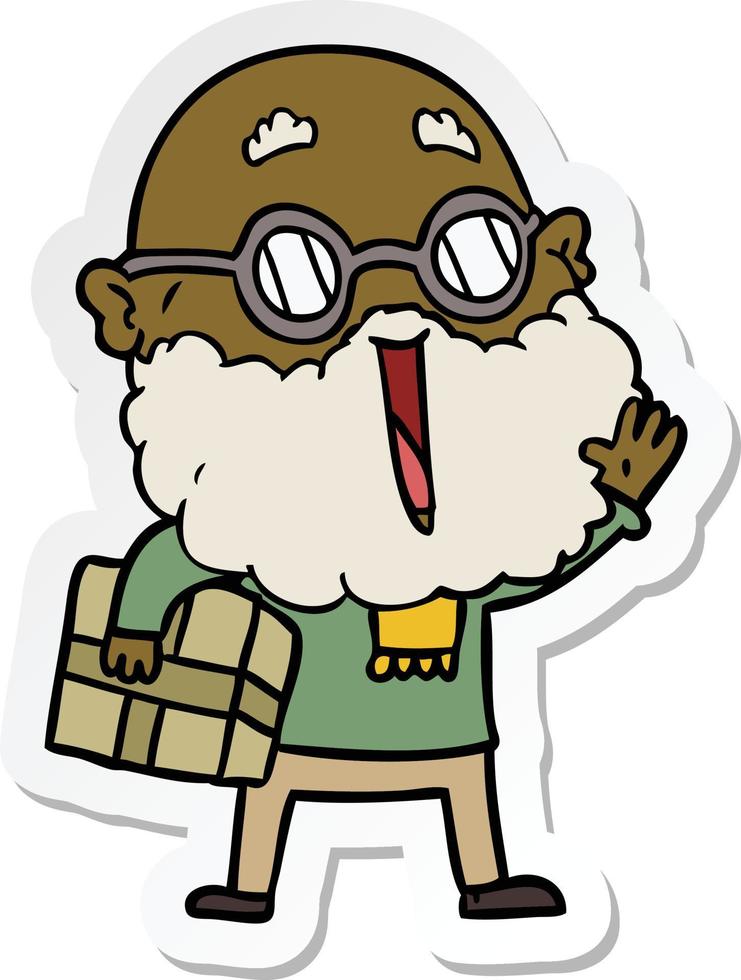 sticker of a cartoon joyful man with beard and parcel under arm vector