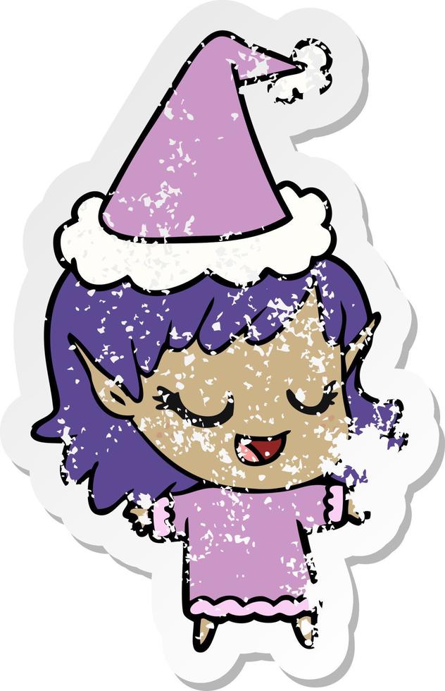 caricatura de pegatina angustiada feliz de una niña elfa con sombrero de santa vector