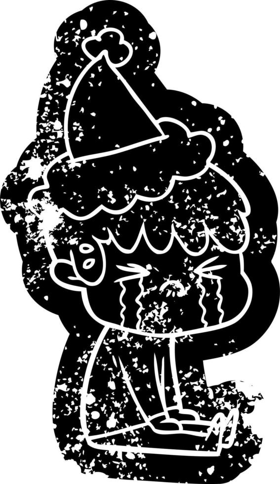 cartoon distressed icon of a boy crying wearing santa hat vector