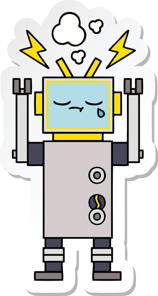 pegatina de un lindo robot llorando de dibujos animados vector