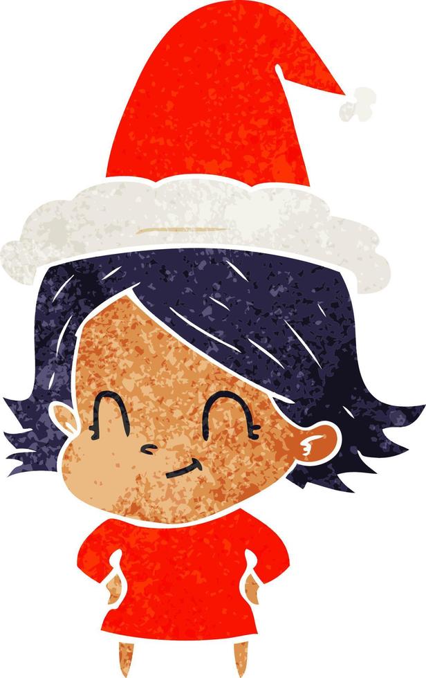 retro cartoon of a friendly girl wearing santa hat vector