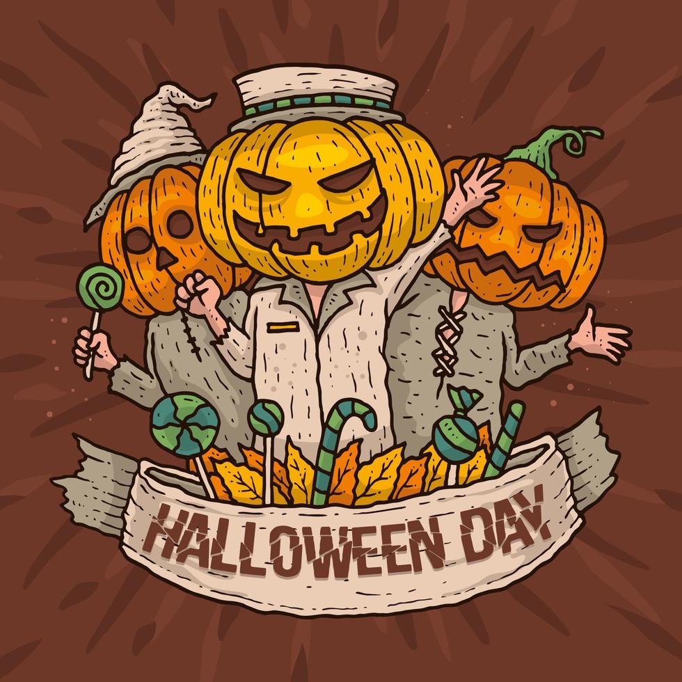 Pumpkins hand drawn character for happy halloween illustration vector